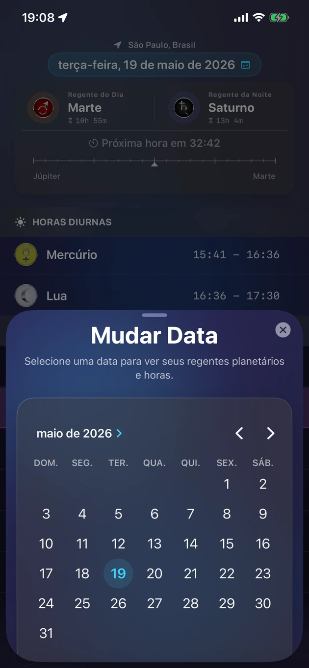 Escolha uma data e veja seus regentes e horas planetárias.