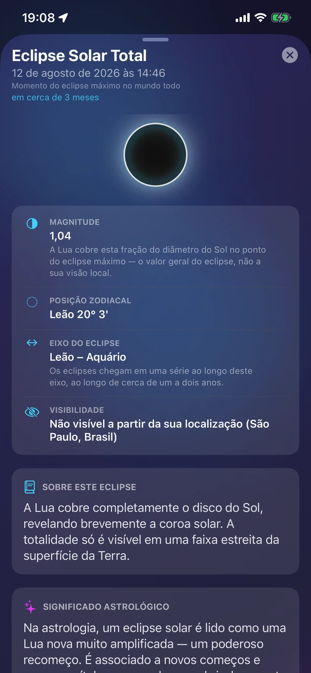 Magnitude, horário, visibilidade e significado de cada eclipse.