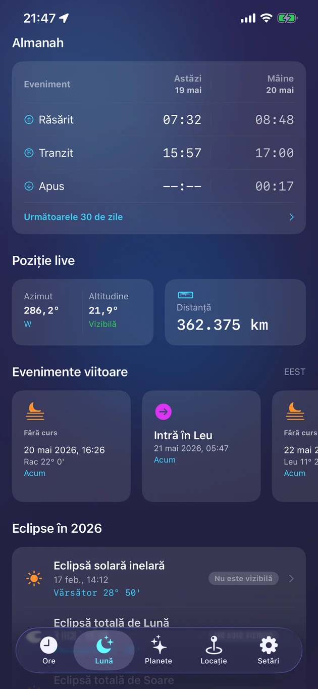 Răsărit, culminație și apus, poziție live și eclipsele anului.
