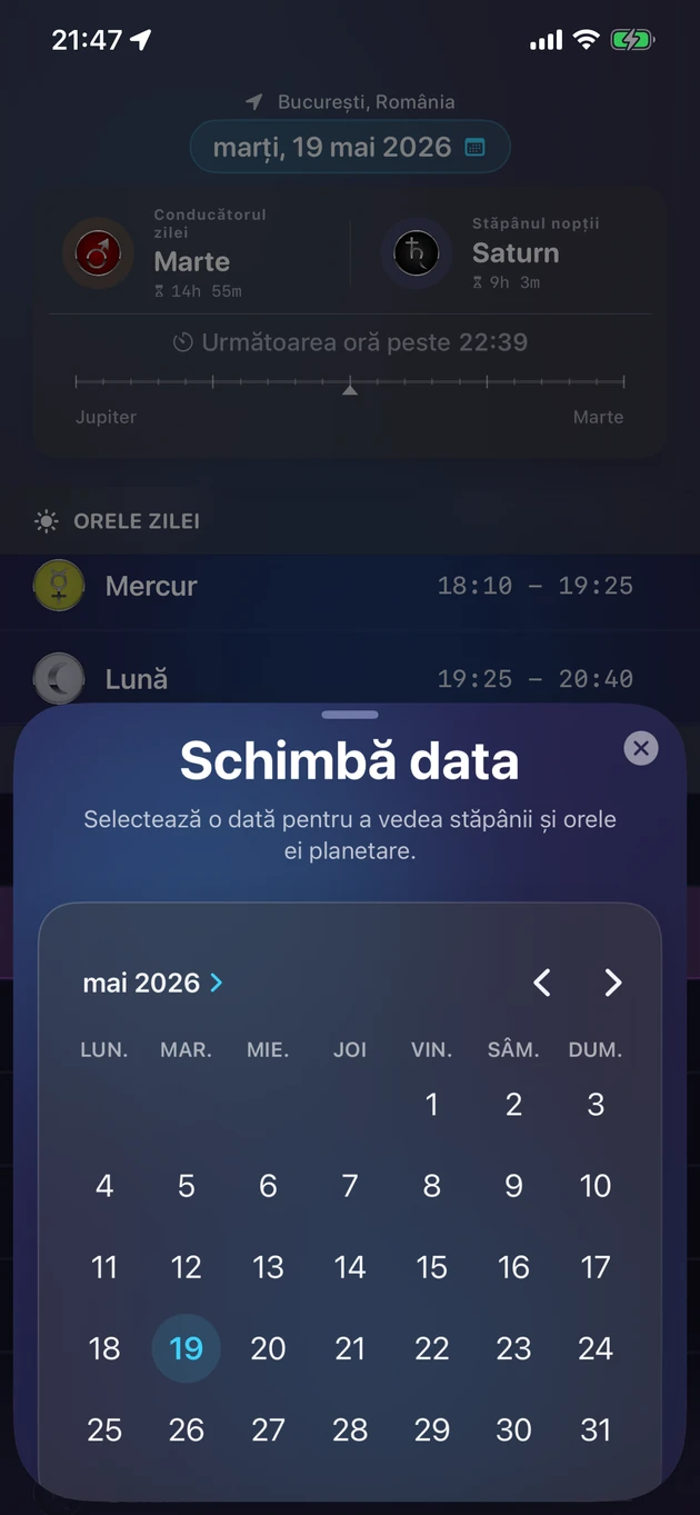 Alege o dată și vezi guvernatorii și orele ei planetare.