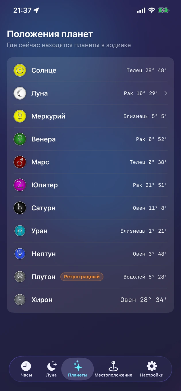 Положения в зодиаке для Солнца, Луны, планет и Хирона в реальном времени.