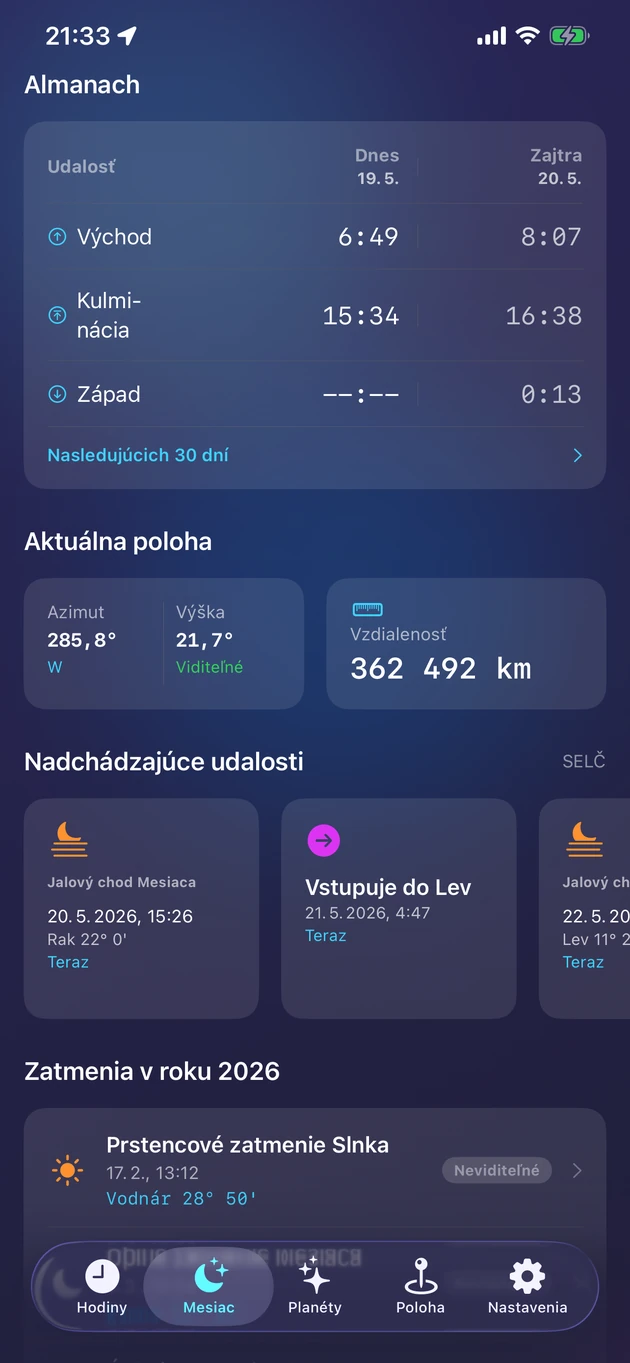 Východ, kulminácia a západ, živá poloha a zatmenia roka.