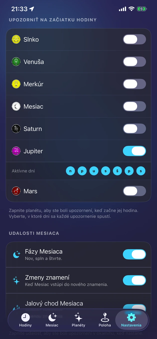 Jemné upozornenie hneď, keď začne hodina tvojej planéty.