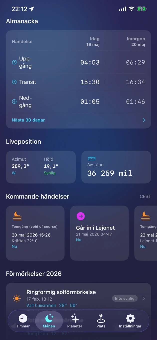 Uppgång, transit och nedgång, live-position och årets förmörkelser.