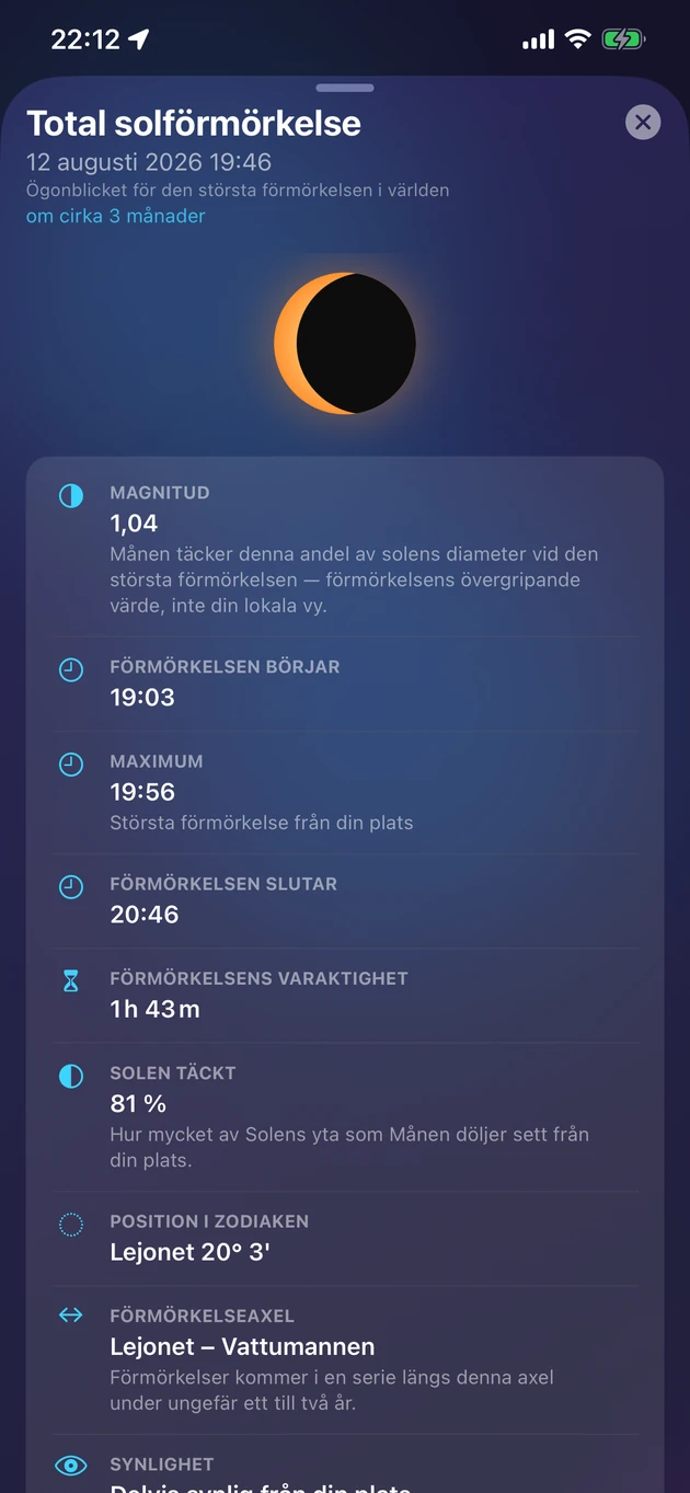 Storlek, tidpunkt, synlighet och betydelse för varje förmörkelse.