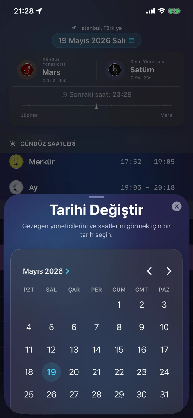 Bir tarih seç, o günün yöneticilerini ve gezegen saatlerini gör.