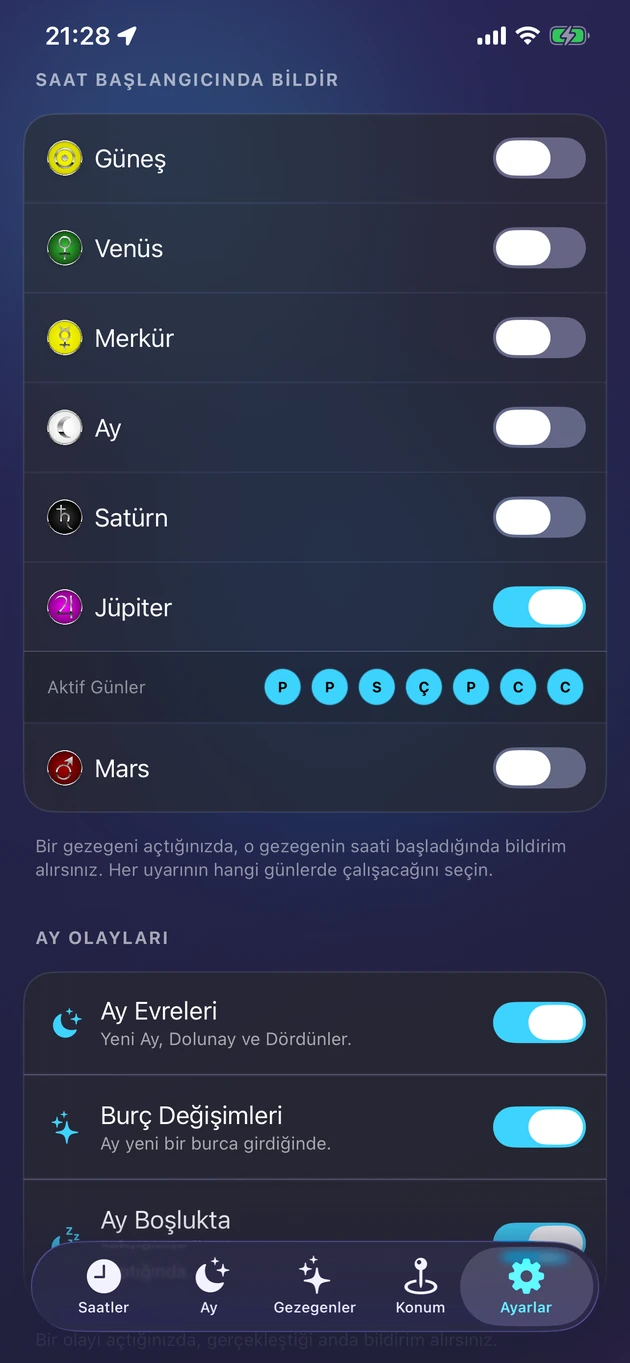 Seçtiğin gezegenin saati başladığında nazik bir bildirim.