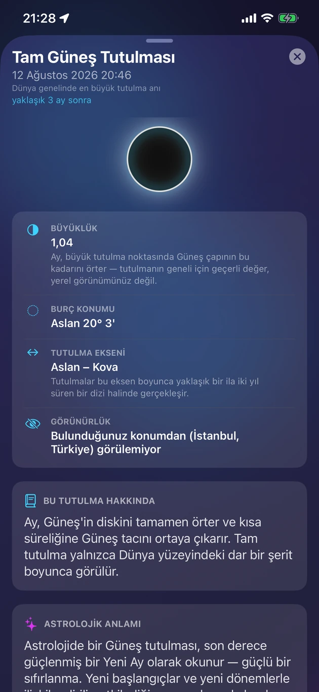Her tutulma için büyüklük, zamanlama, görünürlük ve anlam.