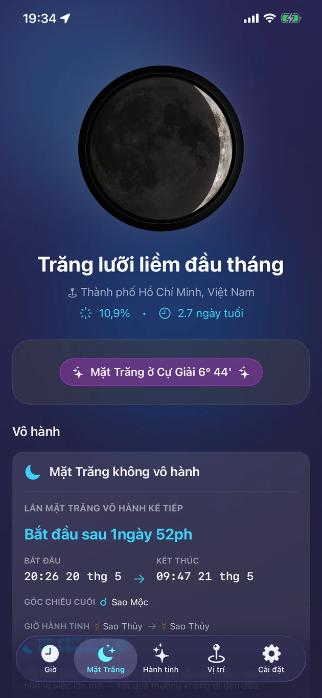 Pha, cung, độ sáng và Mặt Trăng không góc chiếu, chỉ trong một cái nhìn.