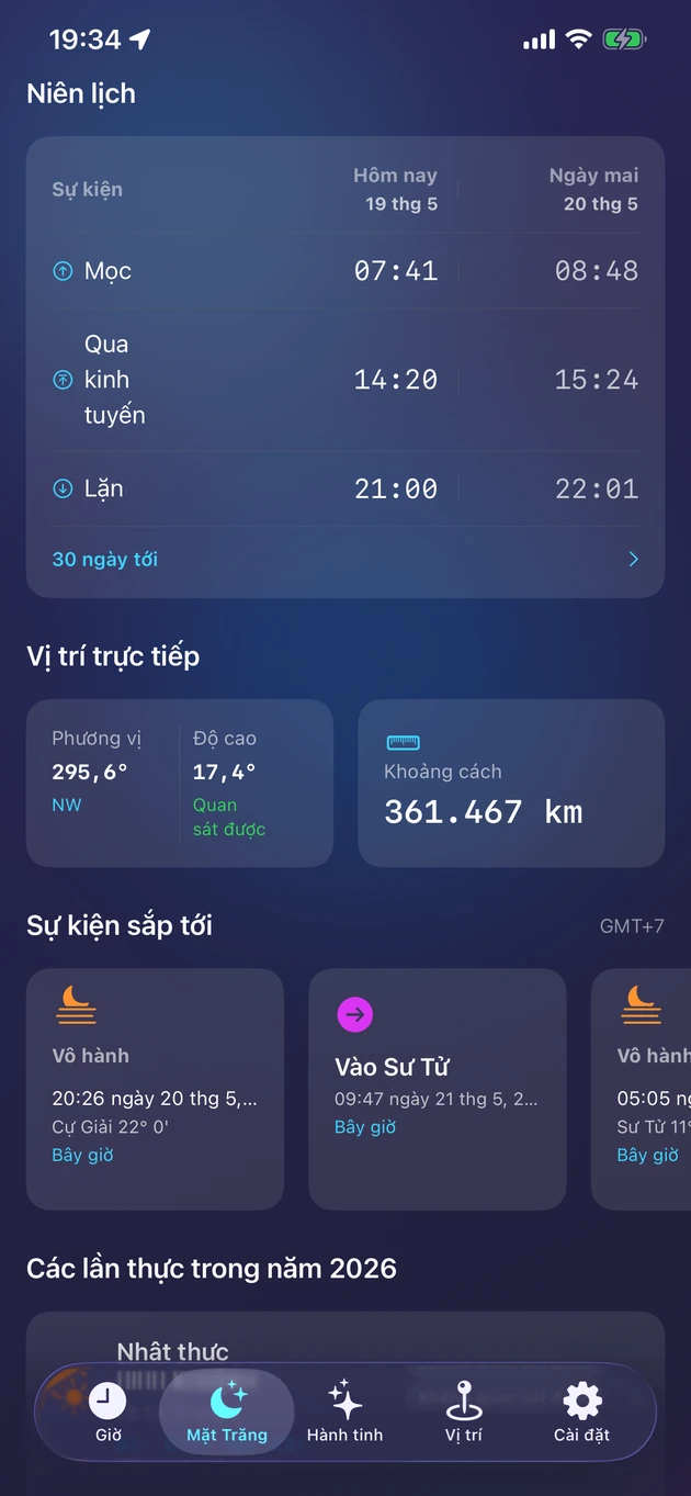Giờ mọc, qua thiên đỉnh và lặn, vị trí theo thời gian thực và các kỳ thực trong năm.