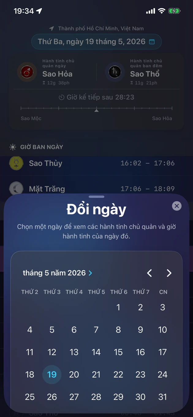 Chọn một ngày và xem hành tinh cai quản cùng giờ hành tinh của ngày đó.